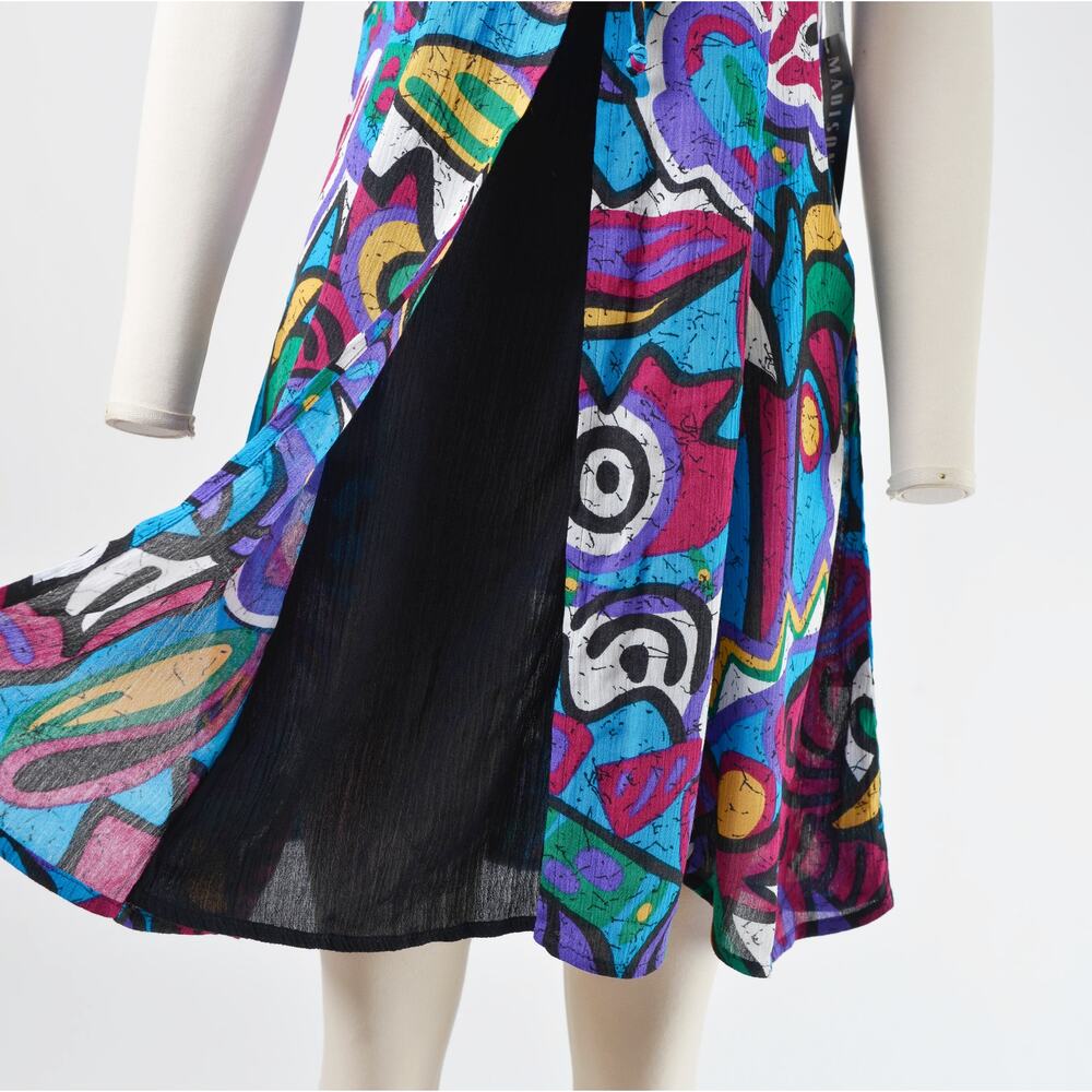 Vintage 90s Abstract Print Sleeveless Tie Front Layered Look Dress Deadstock M - Picture 4 of 7